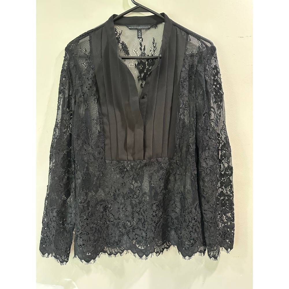 White House Black Market Black Lace Pleated Bib Blouse Top Size 10 Long Sleeve